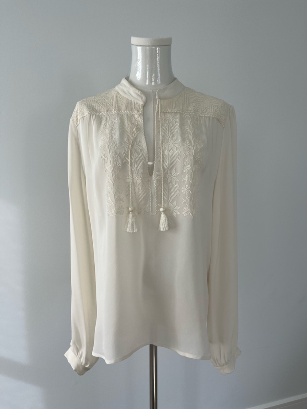 Nili Lotan Cream Embroidered Tassel Peasant Blouse
